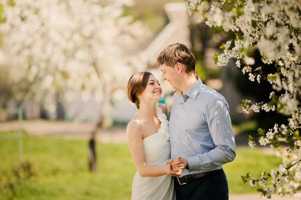 Portrait of young loving couple in flowering park — Stock Photo, Image