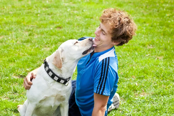 Labrador likken van zijn eigenaar in het gezicht als een teken van affectie — Stockfoto