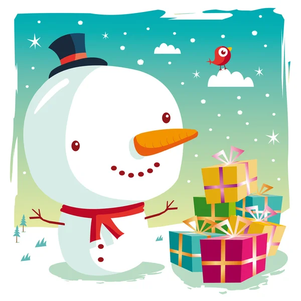 Noël - bonhomme de neige et ses cadeaux — Image vectorielle