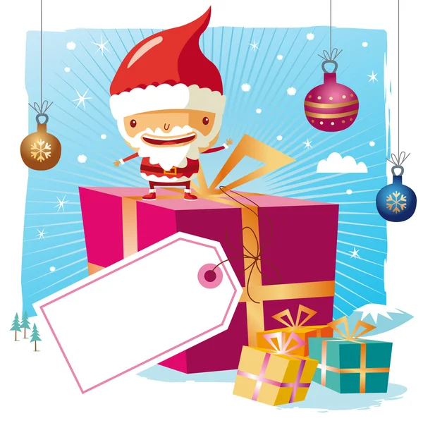 Christmas - santa claus en zijn gaven met een grote tag — Stockvector