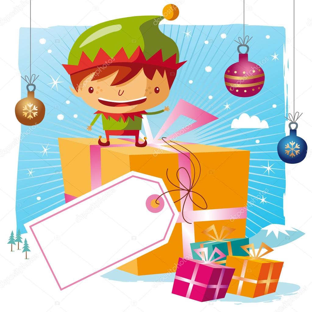 Christmas - Elf and his gifts with a big tag