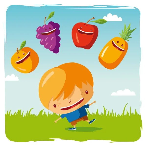 Niño con frutas divertidas — Vector de stock