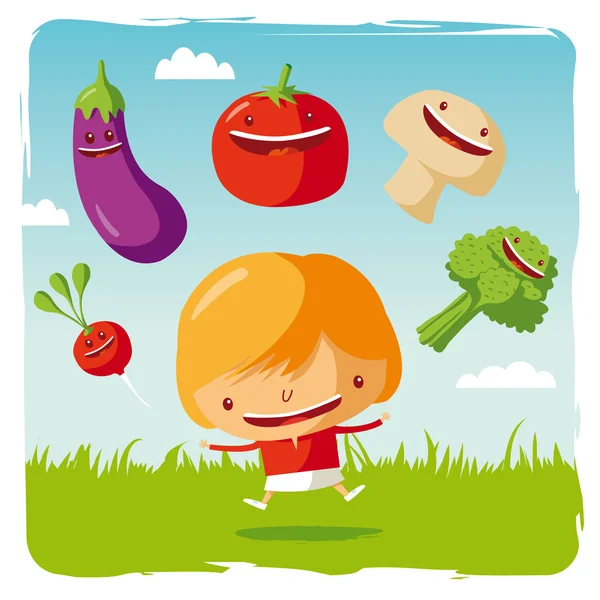 Girl with funny vegetables — Stock Vector