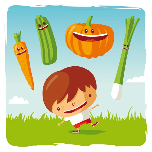 Niño con verduras divertidas — Vector de stock