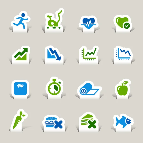 Corte de papel - Iconos de salud y fitness — Vector de stock