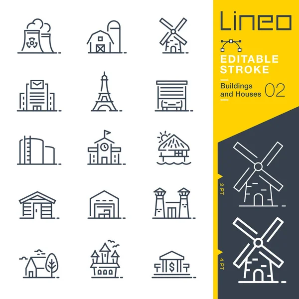 Lineo Editable Stroke Edificios Casas Iconos Línea — Vector de stock