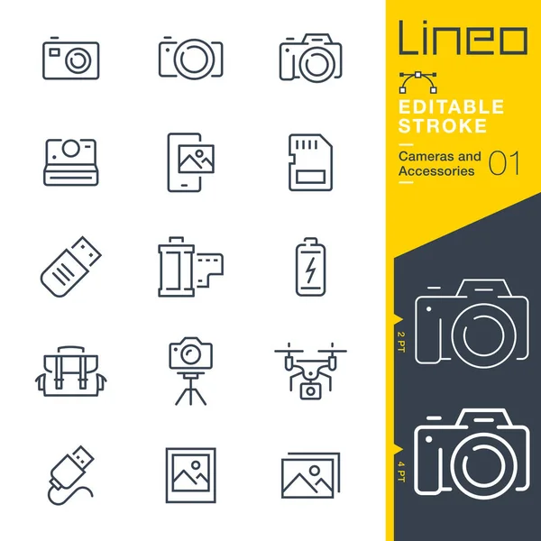 Lineo Editable Stroke Icone Della Linea Fotocamere Accessori — Vettoriale Stock