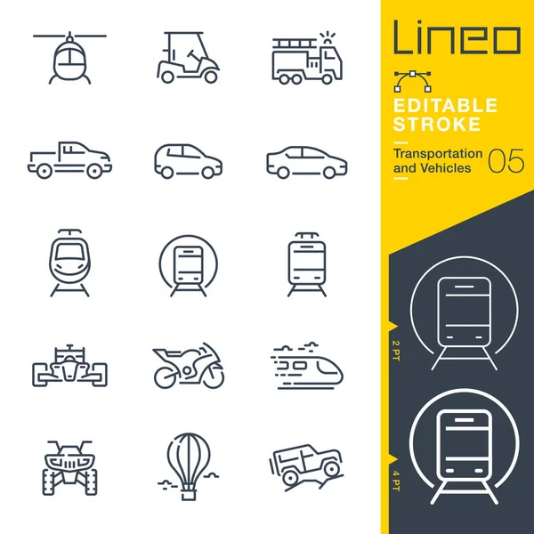 Lineo Editable Stroke Transport Und Fahrzeuge Umreißen Symbole — Stockvektor