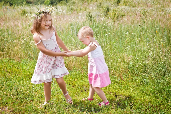 Små flickor spelar på en Sommaräng — Stockfoto