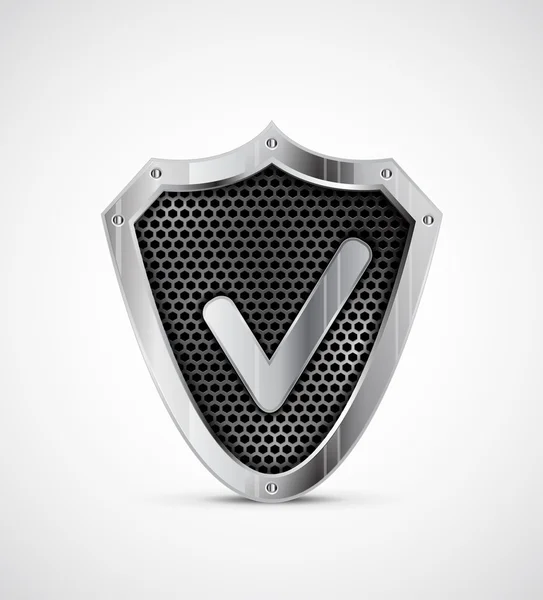 Metal shield with tick. Vector protection icon — Stock Vector