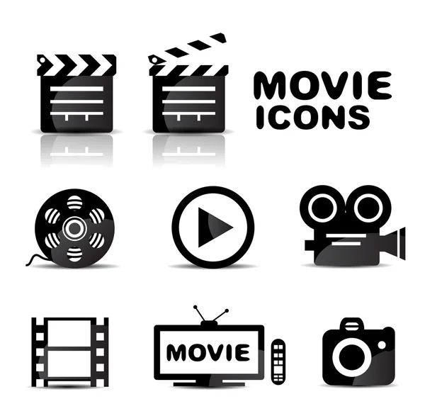 Movie black glossy icon set — Stock Vector