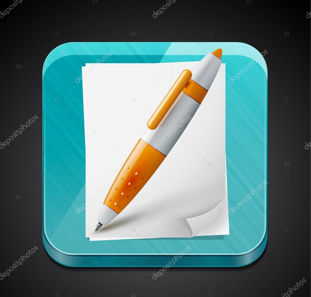Mobile app icon - pen, pages and glass surface