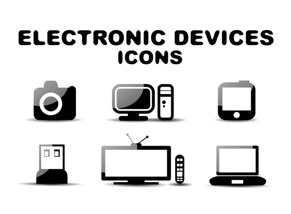 Negro brillante conjunto de iconos de dispositivos electrónicos — Vector de stock