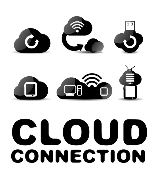 Cloud connection glossy black icon set — Stock Vector