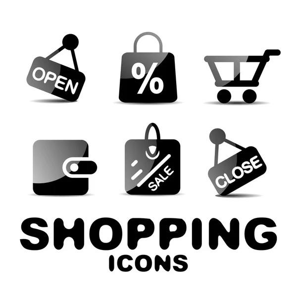 Schwarzer Hochglanz-Shopping-Icon Set — Stockvektor