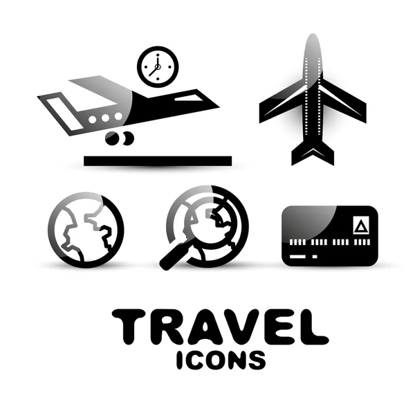 Negro brillante icono de viaje conjunto — Vector de stock