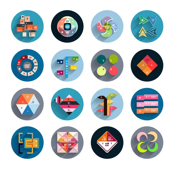 Infografía dentro de círculos coloridos. Conjunto de iconos planos — Vector de stock