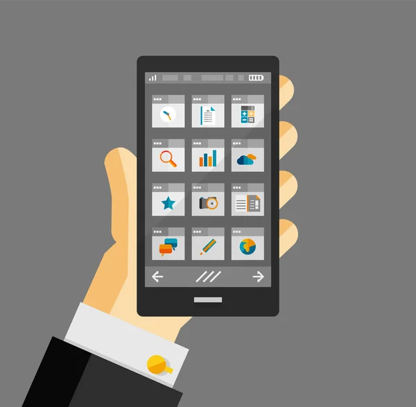 Homme d'affaires tenir smartphone avec des applications — Image vectorielle