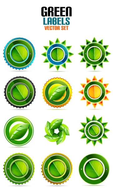 Etiquetas de folhas verdes emblemas amigáveis ao eco — Vetor de Stock