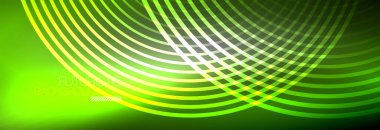 Parlayan neon halkaları olan koyu soyut bir arka plan. İş ya da teknoloji sunumu, İnternet posteri ya da web broşürü kapağı, duvar kağıdı için modaya uygun tasarım şablonu