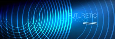 Parlayan neon halkaları olan koyu soyut bir arka plan. İş ya da teknoloji sunumu, İnternet posteri ya da web broşürü kapağı, duvar kağıdı için modaya uygun tasarım şablonu