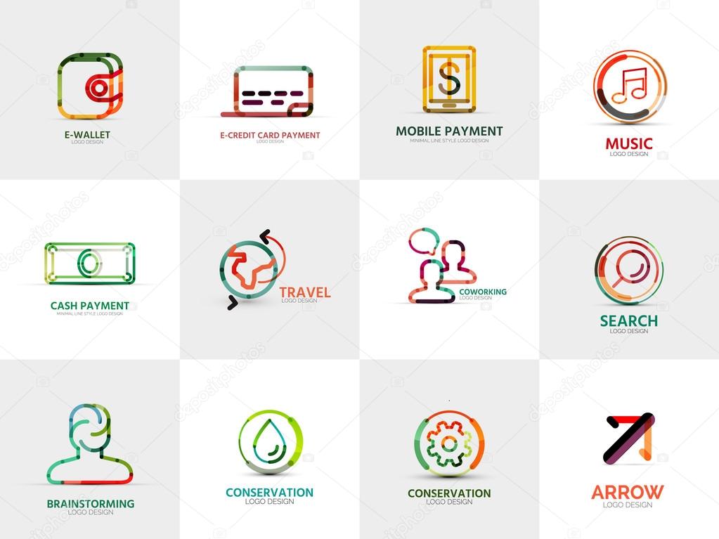 Vector collection of 12 company logos, business concepts. Wallet credit card mobile payment music cash travel coworking search brainstorming gear water conservation arrow gear cog