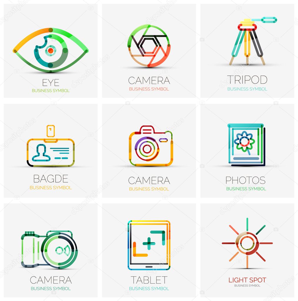 Vector collection of 9 company logos, business concepts. Human eye shutter tripod badge name tag camera photo gallery tablet screen flash light spot