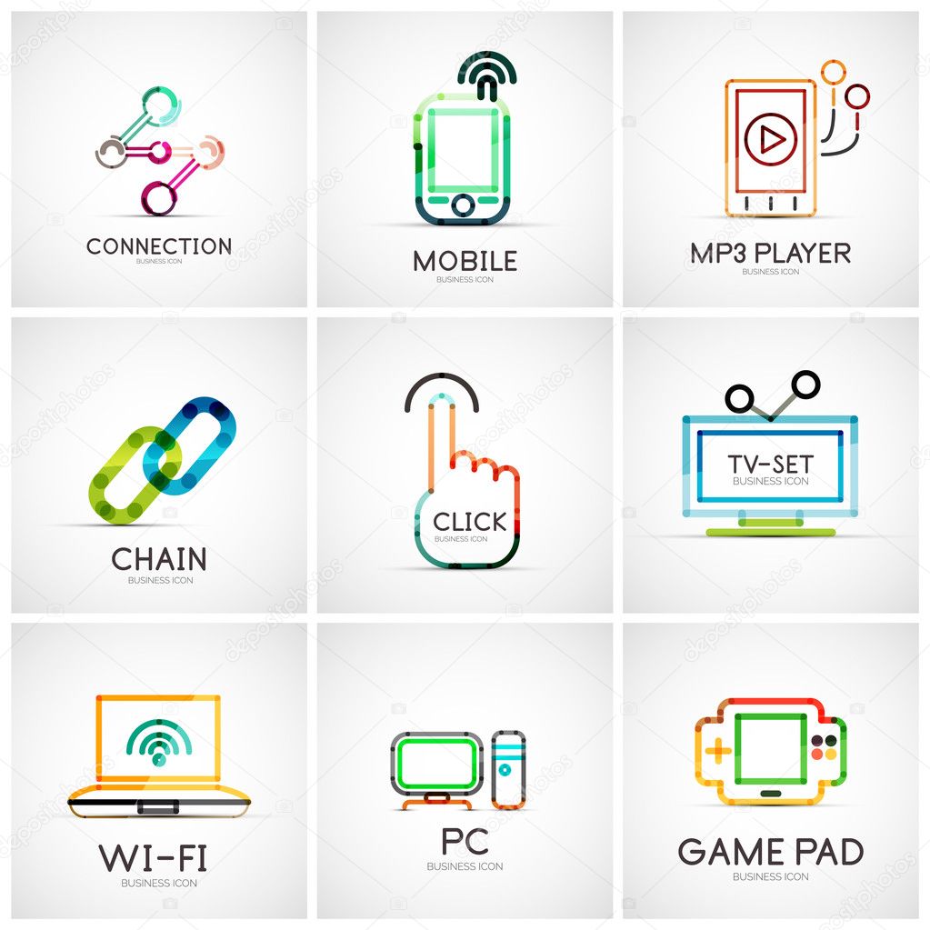 Set of various company logos, business icons. Connection chain mobile phone mp3 player click hand finger pointer tv set wifi pc laptop gamepad
