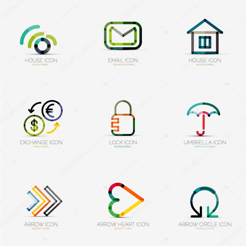Set of 9 various company logos, business icons. Wifi email home house currency exchange lock security protection umbrella arrow right next heart like social arrow circle round rotation