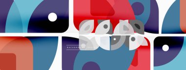 Renkli minimetrik geometrik soyut arkaplan. Yuvarlak elementlerle üçgen şekli, daireler. Duvar kağıdı, afiş, arkaplan veya iniş için moda tekno iş şablonu