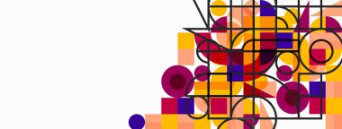 Güzel soyut bir arka plan. Çemberler, üçgen şekiller ve kareler. Duvar kağıdı, pankart, arkaplan veya iniş için en küçük geometrik şablon