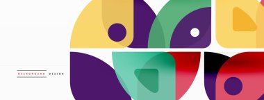 Renkli minimetrik geometrik soyut arkaplan. Yuvarlak elementlerle üçgen şekli, daireler. Duvar kağıdı, afiş, arkaplan veya iniş için moda tekno iş şablonu