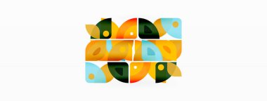 Renkli minimetrik geometrik soyut arkaplan. Yuvarlak elementlerle üçgen şekli, daireler. Duvar kağıdı, afiş, arkaplan veya iniş için moda tekno iş şablonu