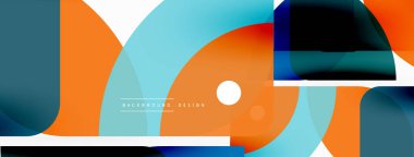 Renkli minimetrik geometrik soyut arkaplan. Yuvarlak elementlerle üçgen şekli, daireler. Duvar kağıdı, afiş, arkaplan veya iniş için moda tekno iş şablonu