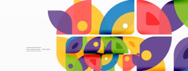 Renkli minimetrik geometrik soyut arkaplan. Yuvarlak elementlerle üçgen şekli, daireler. Duvar kağıdı, afiş, arkaplan veya iniş için moda tekno iş şablonu