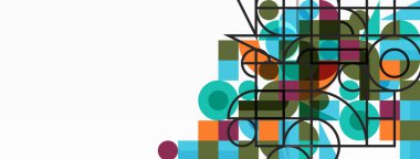 Güzel soyut bir arka plan. Çemberler, üçgen şekiller ve kareler. Duvar kağıdı, pankart, arkaplan veya iniş için en küçük geometrik şablon