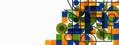 Güzel soyut bir arka plan. Çemberler, üçgen şekiller ve kareler. Duvar kağıdı, pankart, arkaplan veya iniş için en küçük geometrik şablon