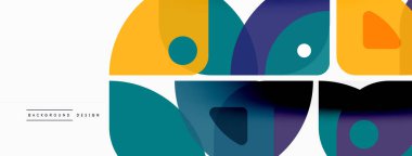 Renkli minimetrik geometrik soyut arkaplan. Yuvarlak elementlerle üçgen şekli, daireler. Duvar kağıdı, afiş, arkaplan veya iniş için moda tekno iş şablonu