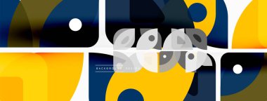 Renkli minimetrik geometrik soyut arkaplan. Yuvarlak elementlerle üçgen şekli, daireler. Duvar kağıdı, afiş, arkaplan veya iniş için moda tekno iş şablonu