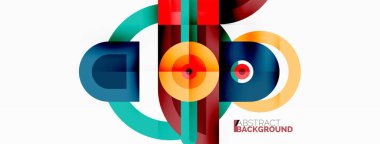 Yaratıcı geometrik duvar kağıdı. Asgari soyut arkaplan. Beyaz arkaplanda parlak renkli geometrik şekiller. Duvar kağıdı, afiş, arkaplan veya iniş için iş şablonu