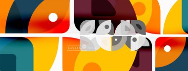 Renkli minimetrik geometrik soyut arkaplan. Yuvarlak elementlerle üçgen şekli, daireler. Duvar kağıdı, afiş, arkaplan veya iniş için moda tekno iş şablonu