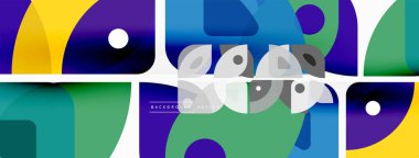 Renkli minimetrik geometrik soyut arkaplan. Yuvarlak elementlerle üçgen şekli, daireler. Duvar kağıdı, afiş, arkaplan veya iniş için moda tekno iş şablonu