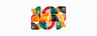 Renkli minimetrik geometrik soyut arkaplan. Yuvarlak elementlerle üçgen şekli, daireler. Duvar kağıdı, afiş, arkaplan veya iniş için moda tekno iş şablonu