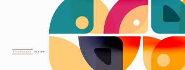 Renkli minimetrik geometrik soyut arkaplan. Yuvarlak elementlerle üçgen şekli, daireler. Duvar kağıdı, afiş, arkaplan veya iniş için moda tekno iş şablonu