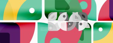 Renkli minimetrik geometrik soyut arkaplan. Yuvarlak elementlerle üçgen şekli, daireler. Duvar kağıdı, afiş, arkaplan veya iniş için moda tekno iş şablonu