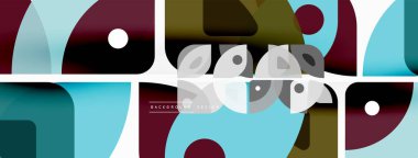 Renkli minimetrik geometrik soyut arkaplan. Yuvarlak elementlerle üçgen şekli, daireler. Duvar kağıdı, afiş, arkaplan veya iniş için moda tekno iş şablonu