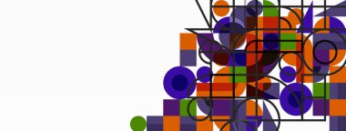 Güzel soyut bir arka plan. Çemberler, üçgen şekiller ve kareler. Duvar kağıdı, pankart, arkaplan veya iniş için en küçük geometrik şablon