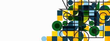 Güzel soyut bir arka plan. Çemberler, üçgen şekiller ve kareler. Duvar kağıdı, pankart, arkaplan veya iniş için en küçük geometrik şablon