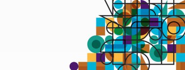 Güzel soyut bir arka plan. Çemberler, üçgen şekiller ve kareler. Duvar kağıdı, pankart, arkaplan veya iniş için en küçük geometrik şablon