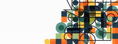 Güzel soyut bir arka plan. Çemberler, üçgen şekiller ve kareler. Duvar kağıdı, pankart, arkaplan veya iniş için en küçük geometrik şablon